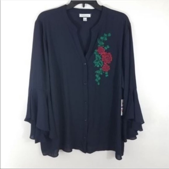 Charter Club  size XXL  black button down blouse with rose appliqué, bell sleeve - Picture 3 of 5